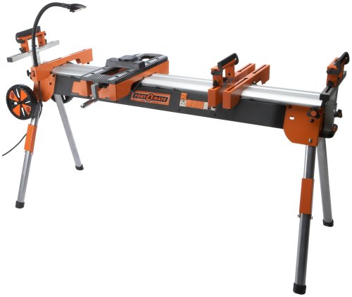 Folding Miter Saw Power Tool Stand with Wheels, Light, Vise and 4-Outlet 110V Power Strip Pro Portamate PM-7000. Heavy Duty Contractor Grade with Quick Attach Mounts and Plenty of Extra Features