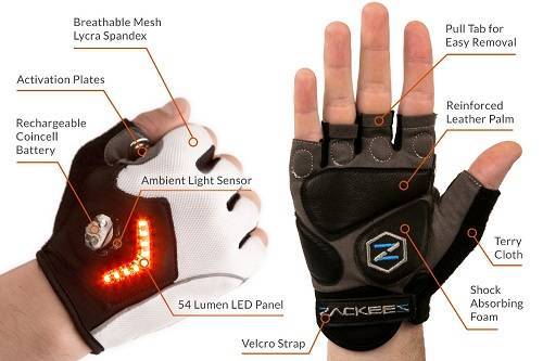 Zackees LED Turn-Signal Bike lights in Cycling Gloves